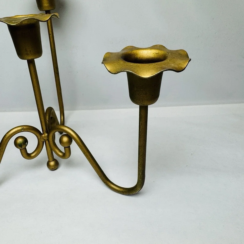 Vintage Brass Gold Tone Candle Holder Mid Century‎ Modern MCM 3 Arm Candelabra